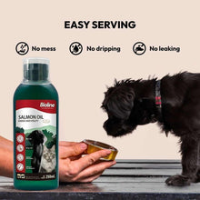 Bioline Norwegian Salmon Oil bottle with hand feeding dog; easy serving icons