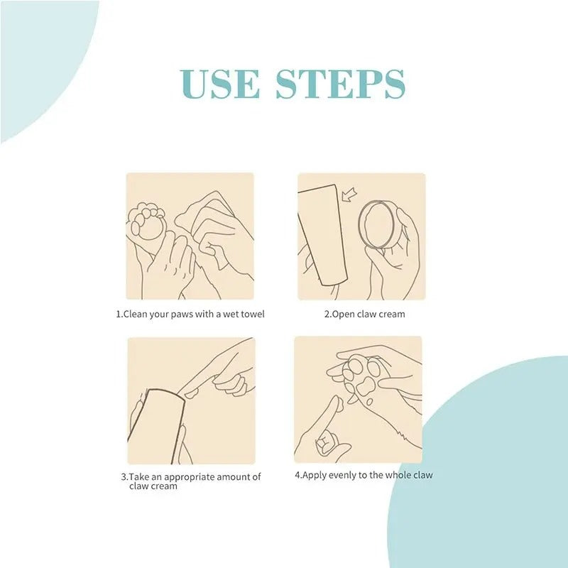 Instructions for using paw care cream for dogs and cats, highlighting application steps