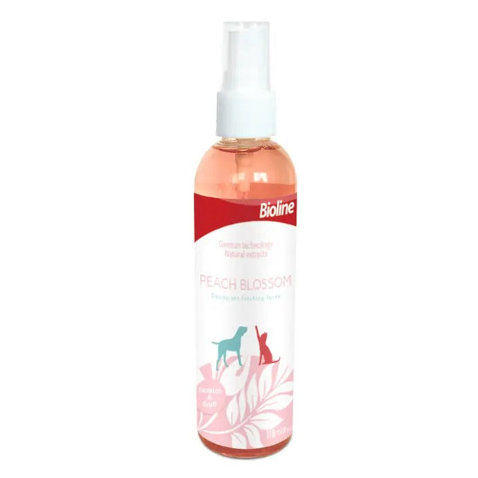 Bioline peach blossom deodorant spray for pets, refreshing scent for dogs and cats