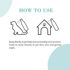 Bioline peach blossom deodorant spray usage instructions for pets with spray icons and tips