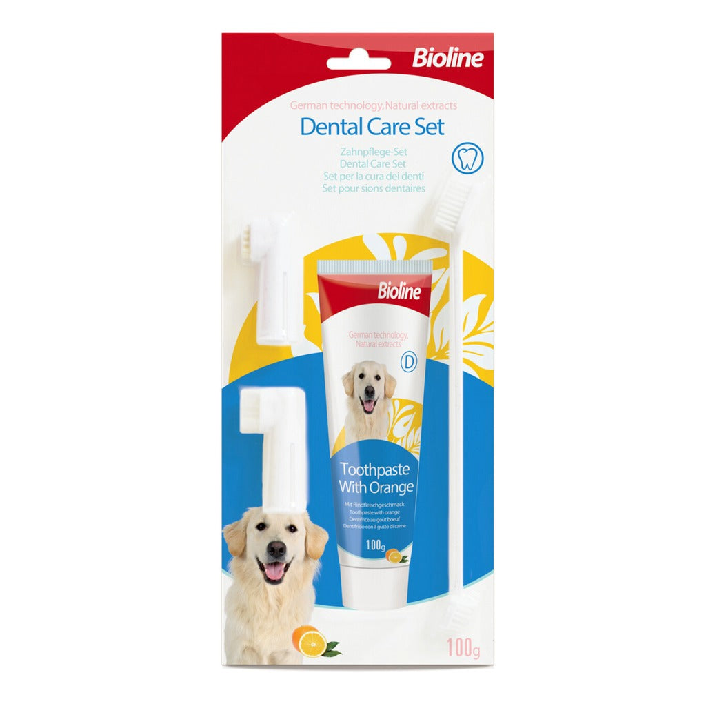 Bioline pet dental care set including toothpaste for dogs and a toothbrush for effective dental hygiene