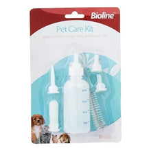 Bioline pet feeding bottle kit packaging showing 60ml bottle, nipple, and brush