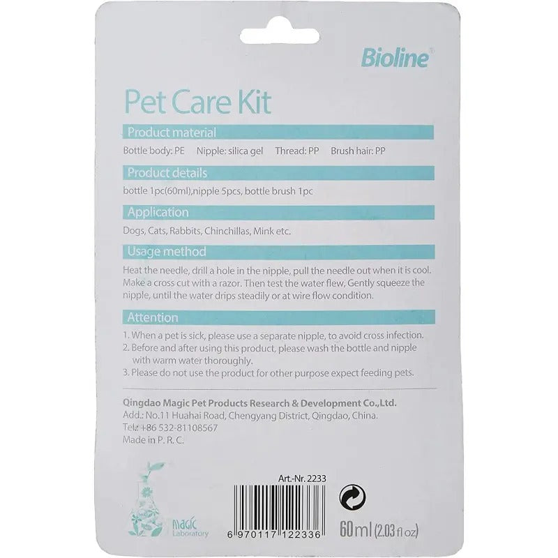 Bioline Pet Feeding Bottle Kit with detailed instructions for pet care and use
