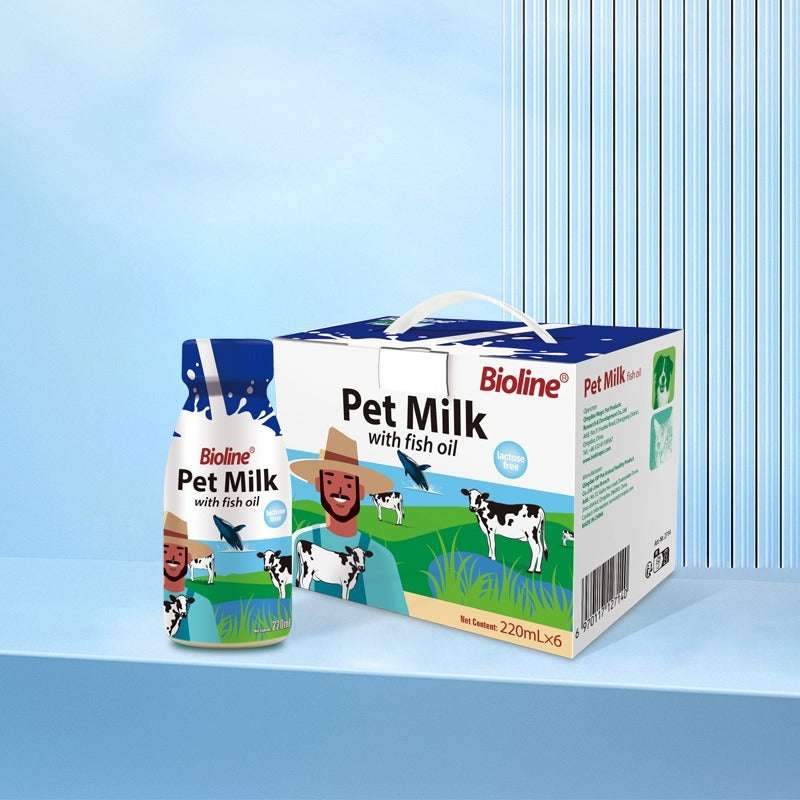 Bioline pet milk with fish oil for cats and dogs in a 220ml package featuring cow graphics
