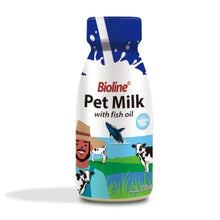 Pet milk supplement bottle with fish oil, blue cap, white bottle and blue accents