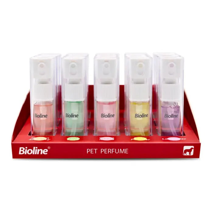 Bioline pet perfume 10ml set displayed in a colorful stand with five different scents