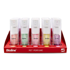 Bioline pet perfume 10ml set displayed in a colorful stand with five different scents
