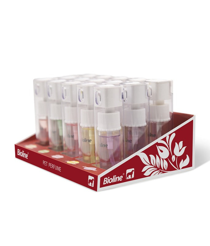 Bioline pet perfume 10ml displayed in a colorful organizer for freshening up pets