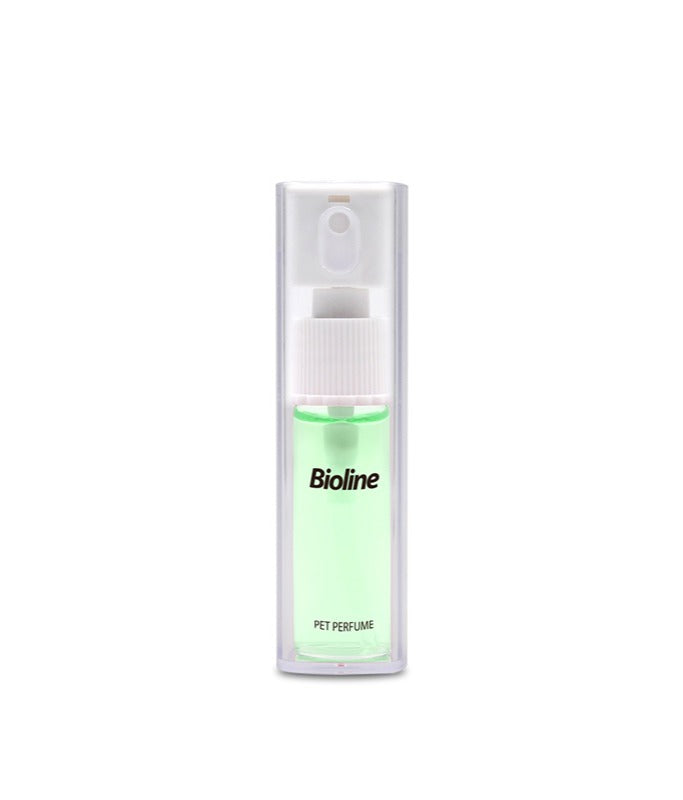 Bioline pet perfume 10ml in a clear bottle with a spray nozzle for freshening up pets