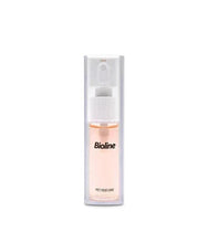 Pet perfume spray bottle with peach liquid and white flip-top nozzle