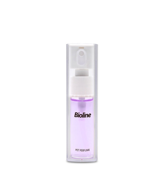 Bioline pet perfume 10ml in a clear spray bottle, ideal for keeping pets smelling fresh