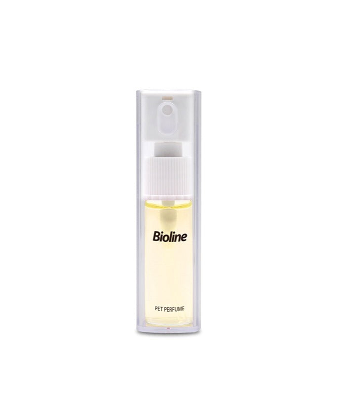 Bioline pet perfume 10ml in a clear spray bottle for freshening pet coats and eliminating odors
