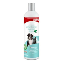 Bioline pet disinfecting shampoo bottle, white with red and teal label, 200 ml