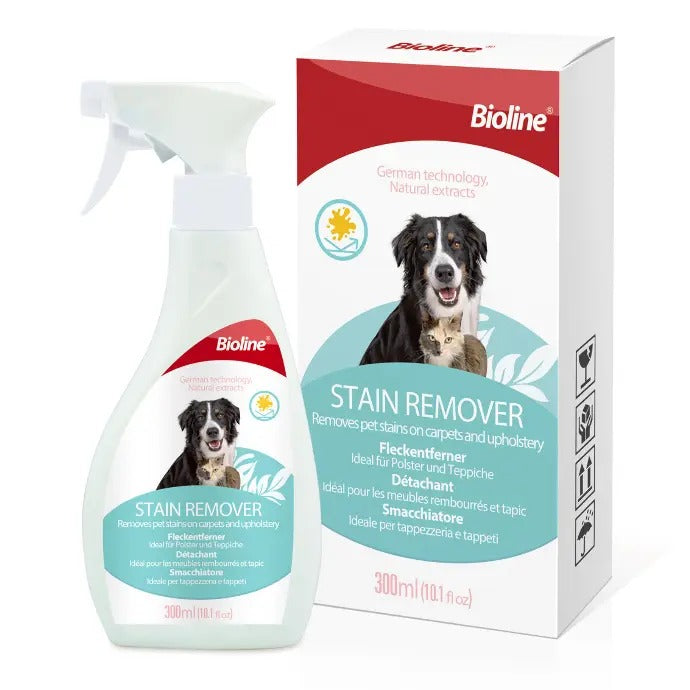 Bioline pet stain remover spray for carpets and upholstery with natural extracts and easy spray application