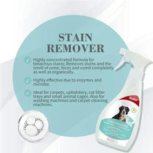 Stain remover bottle and label with dog, next to circular feature graphic