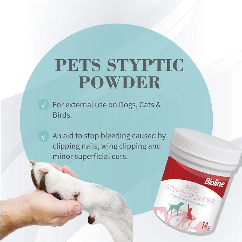 Bioline Pets Styptic Powder in UAE for stopping bleeding from nails and cuts in dogs, cats, and birds