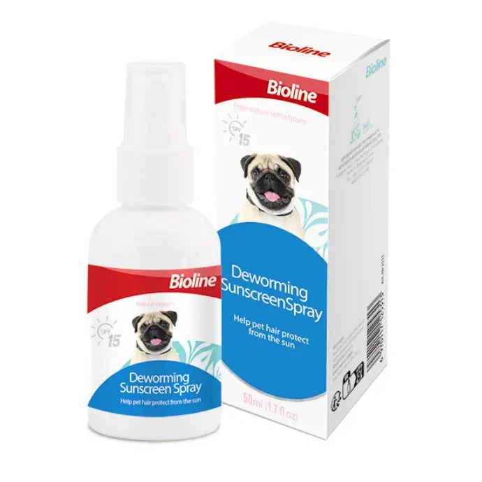 Bioline pet sunscreen spray bottle for protecting pets from sun exposure in 50ml size