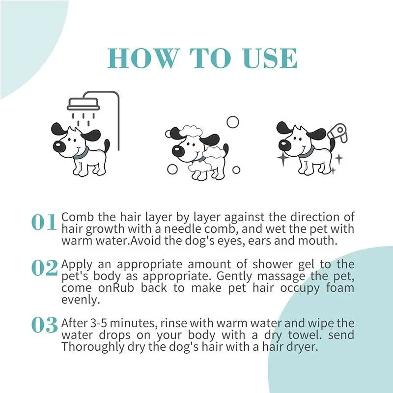 Instructions on how to use Boiron puppy shampoo for sensitive skin with steps for effective application