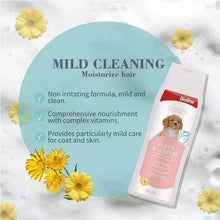 Puppy shampoo pack with 'Mild Cleaning' text and daisy flowers