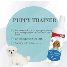 Bioline puppy training spray bottle with puppy trainer instructions graphic