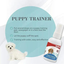 Bioline Puppy Training spray bottle with puppy training tips card and white puppy