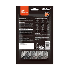 Bioline salmon cat treat packaging with ingredients and feeding instructions for healthy feline diets