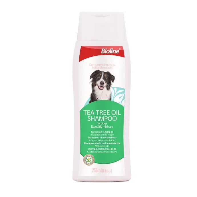 Bioline Tea Tree Oil Dog Shampoo for healthy coat and skin care, suitable for all dog breeds