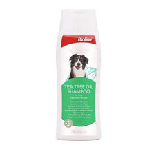 Bioline tea tree oil dog shampoo bottle, 250 ml, white with red and green label