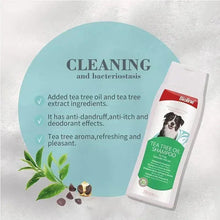 Tea tree oil dog shampoo bottle with label on cleaning and bacteria benefits graphic