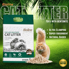 Bioline tofu and bentonite cat litter in a green bag with a cat and features of ultra clumping and super absorbent