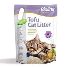 Tofu cat litter bag, Bioline brand, purple bag with cat portrait and label text