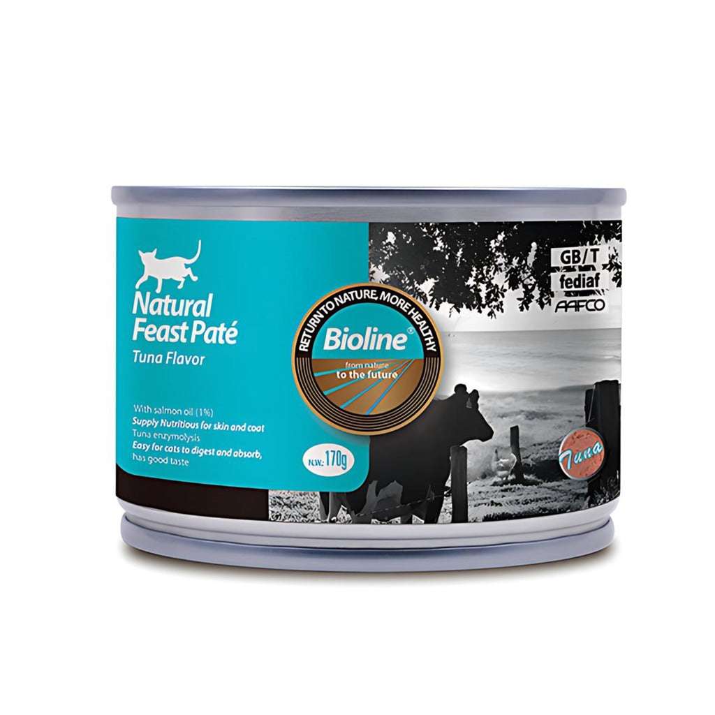 Bioline tuna cat food in a 170g can, featuring natural ingredients for a healthy diet