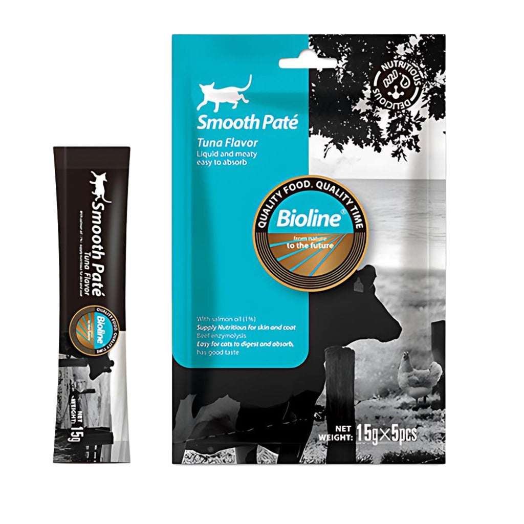 Bioline tuna smooth pate for cats in easy-to-serve pouches for nutritious and tasty meals