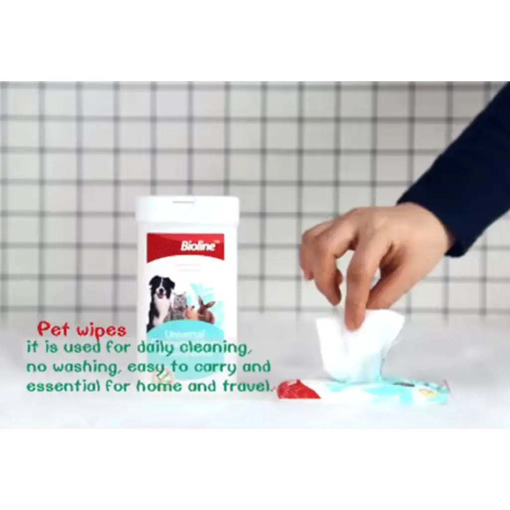 Bioline universal cosmetic wipes in a container for daily pet cleaning and travel convenience