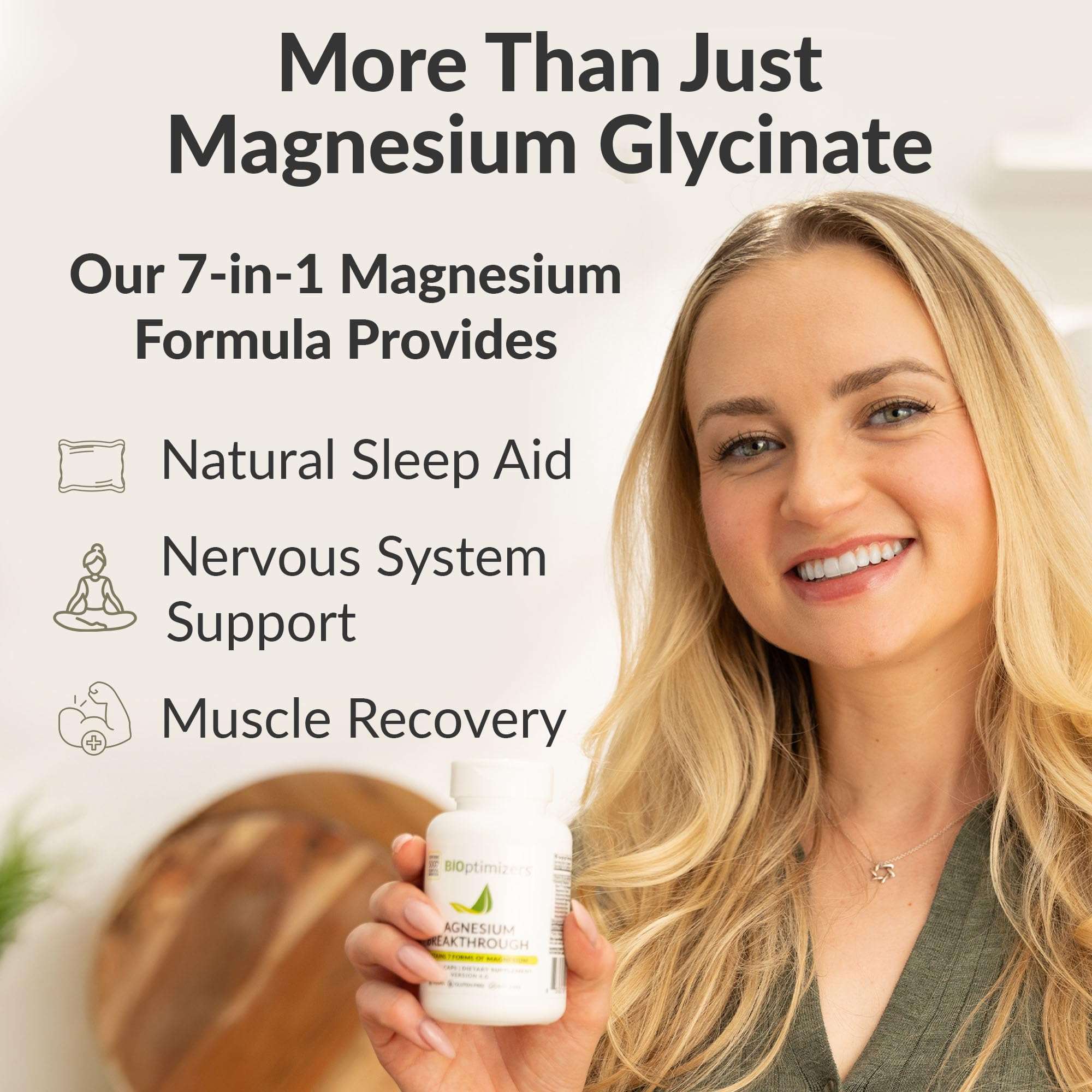Smiling woman holding BIOptimizers magnesium breakthrough supplement bottle with overlay of sleep nervous system and muscle recovery
