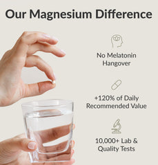 Hand holding a small pill above a glass of water with infographic listing benefits of magnesium breakthrough supplement