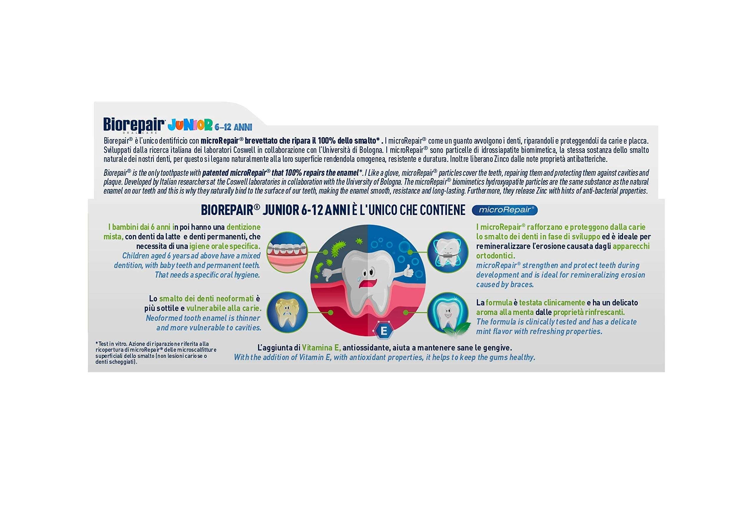 Biorepair Junior toothpaste for kids white tube back label showing smiling tooth illustration and product info