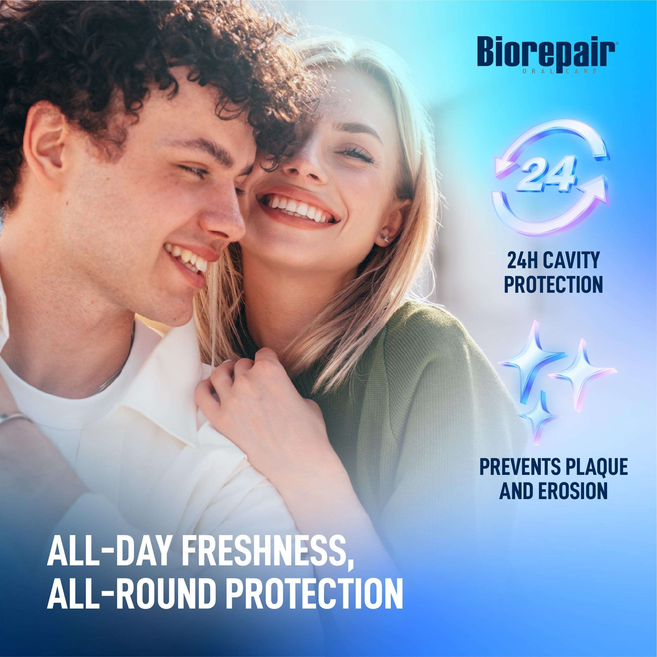 Smiling young couple with Biorepair logo and 24h cavity protection icons promoting Biorepair toothpaste UAE