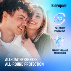 Smiling young couple with Biorepair logo and 24h cavity protection icons promoting Biorepair toothpaste UAE
