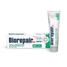 Biorepair Total Protection Plus toothpaste tube, fluoride-free, 75 ml, white with green label