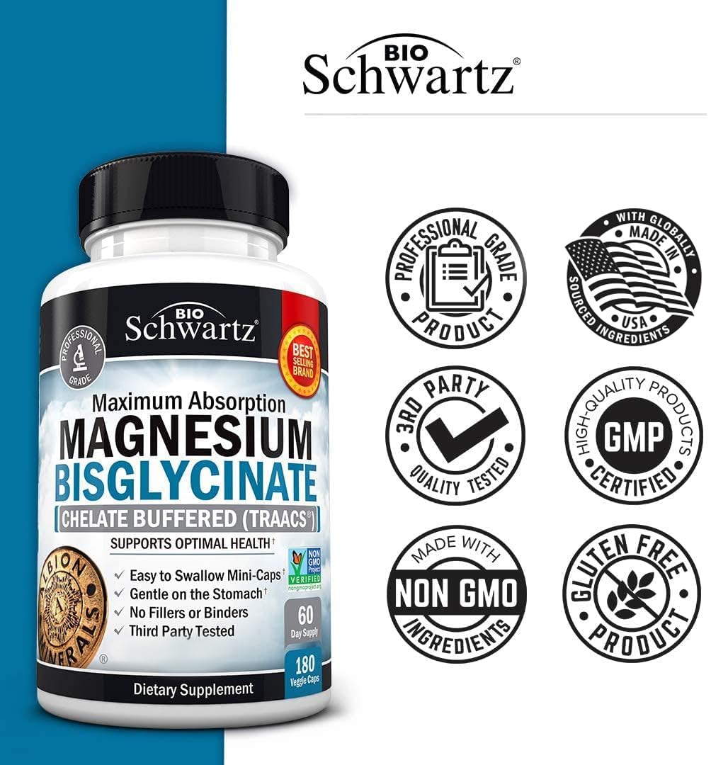 BioSchwartz bottle of magnesium bisglycinate supplement UAE maximum absorption chelate buffered with certification icons