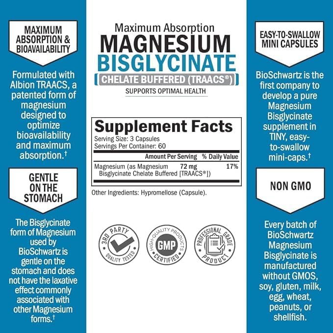 BioSchwartz Magnesium Bisglycinate label showing supplement facts and mini capsules magnesium bisglycinate supplement UAE