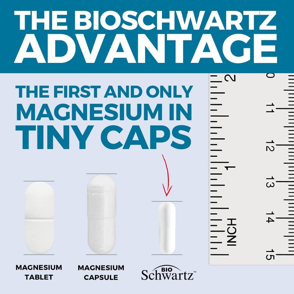 BioSchwartz tiny caps comparison with tablet capsule and tiny cap next to ruler for magnesium bisglycinate supplement UAE