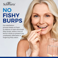 BioSchwartz smiling woman taking yellow softgel with water and No Fishy Burps text omega 3 fish oil supplements UAE