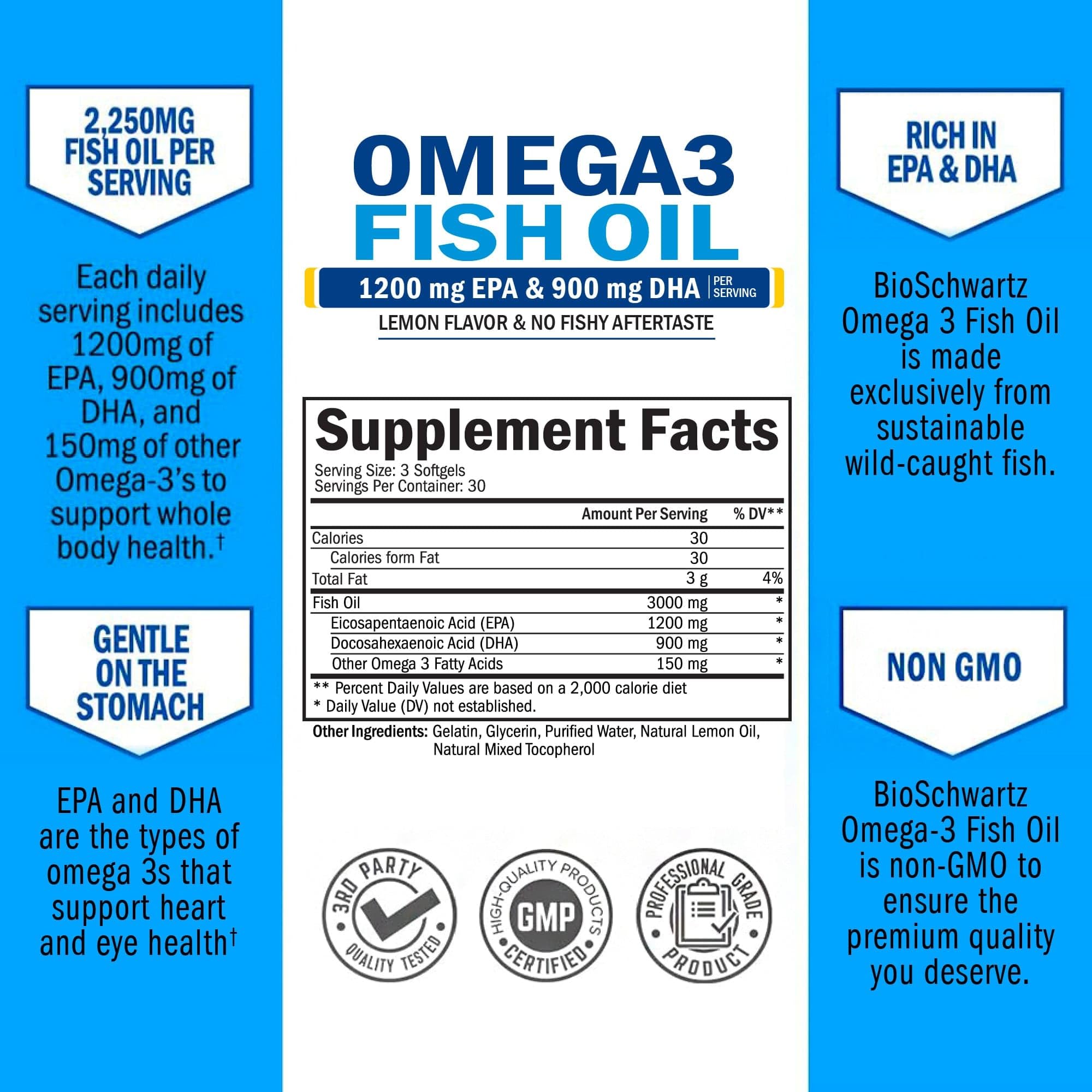 BioSchwartz Omega3 Fish Oil supplement label showing 1200 mg EPA 900 mg DHA per serving omega 3 fish oil supplements UAE