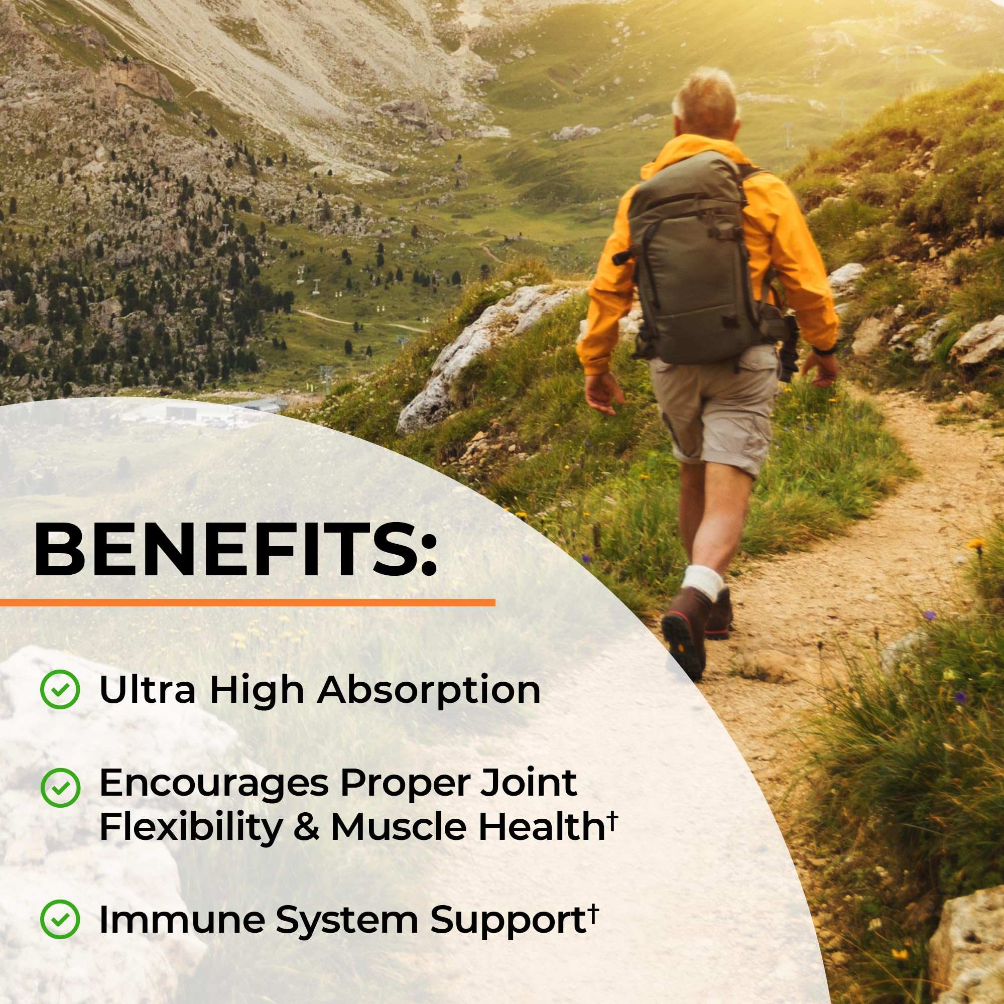 BioSchwartz turmeric curcumin with bioperine capsules label showing hiker on trail and benefits overlay