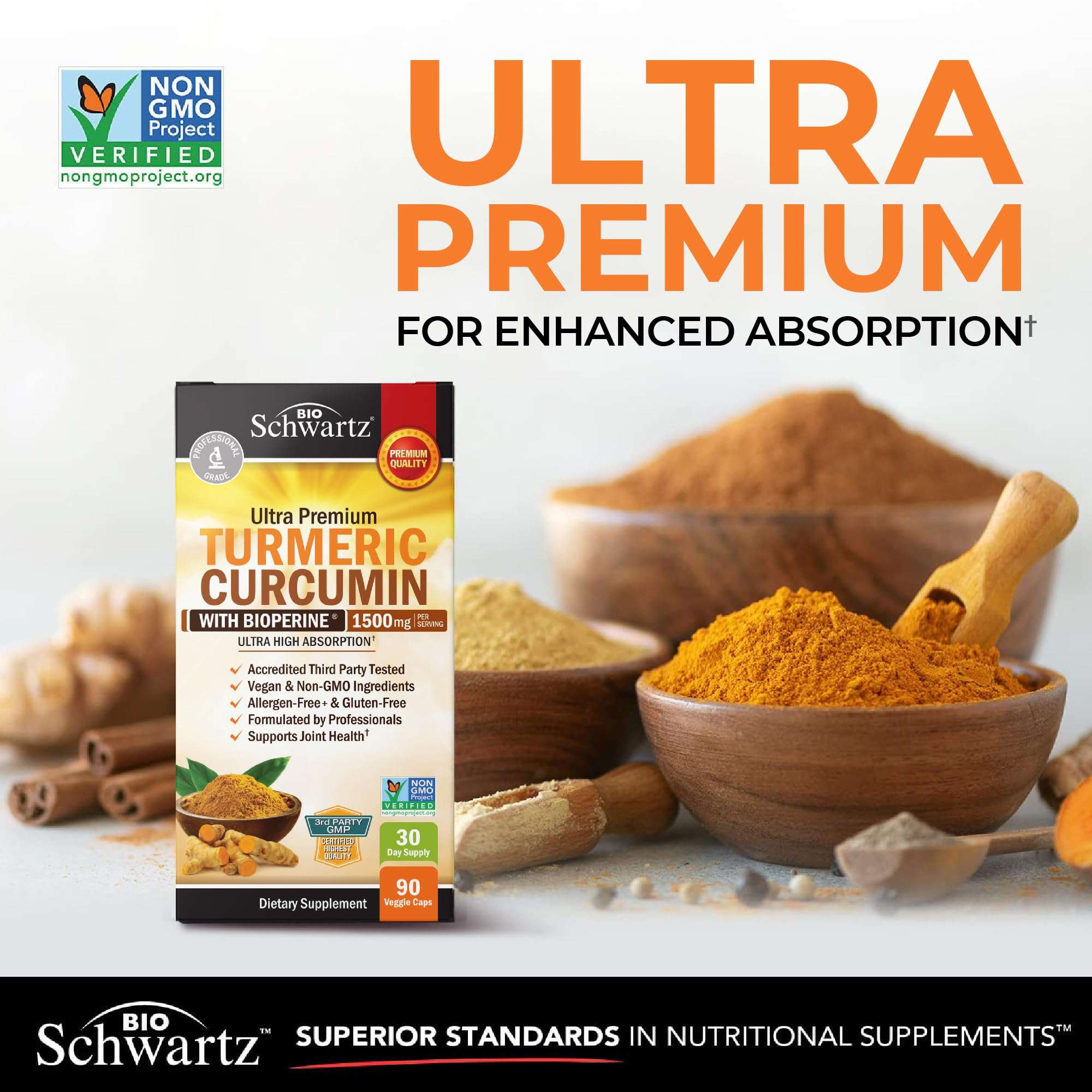 BioSchwartz turmeric curcumin with bioperine capsules box with bowls of turmeric powder and wooden scoop