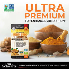 Turmeric curcumin supplement box with BioPerine beside bowl of turmeric powder
