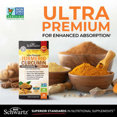 BioSchwartz turmeric curcumin with bioperine capsules box with bowls of turmeric powder and wooden scoop