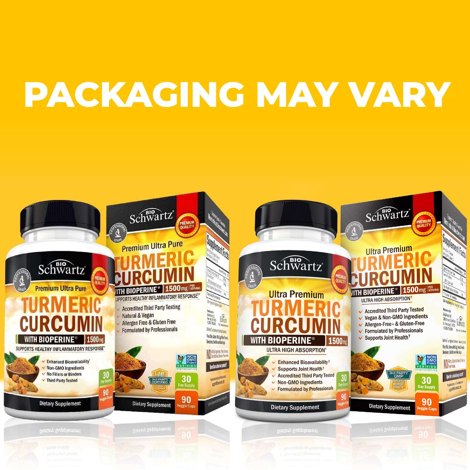 BioSchwartz turmeric curcumin with bioperine capsules supplement bottles and boxes on yellow background packaging may vary